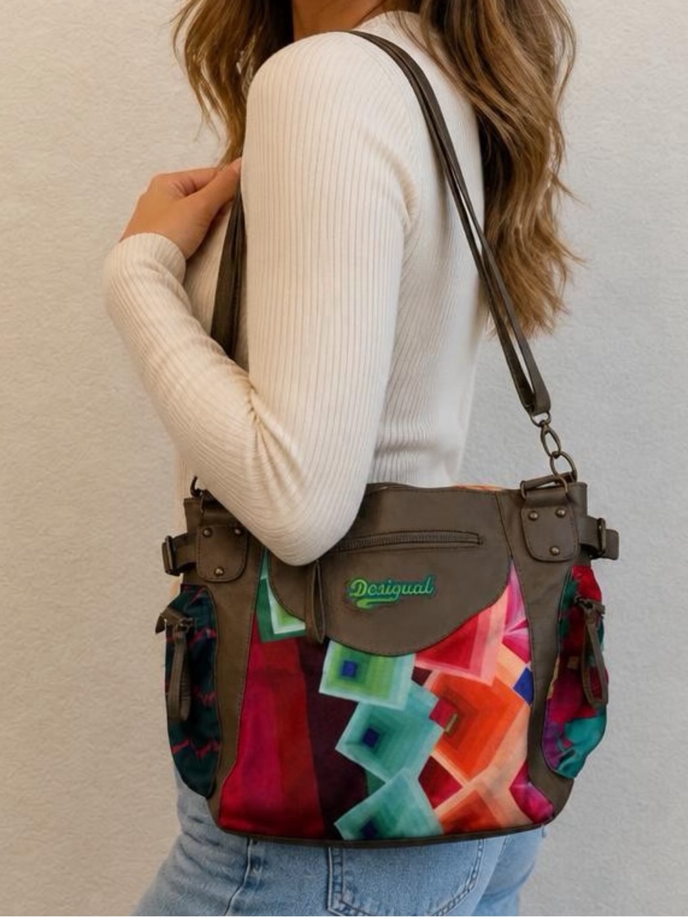 Desigual Colorblock Geometric Shoulder Bag with Tan Trim 10x9.25x5.25 adjustable